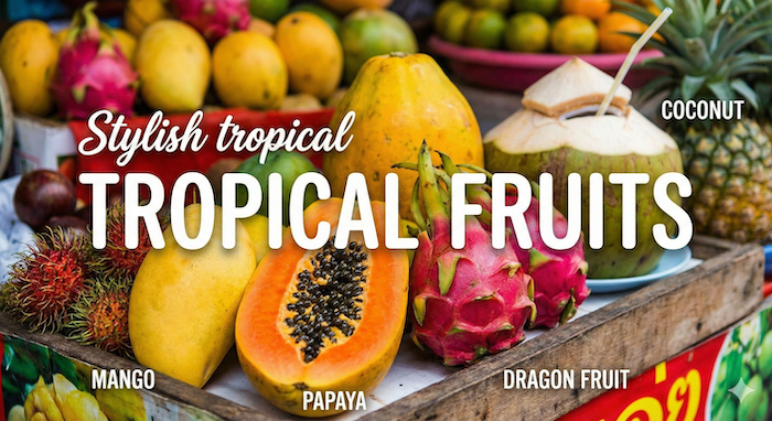 Colorful tropical fruit market display / 鮮やかなトロピカルフルーツの市場