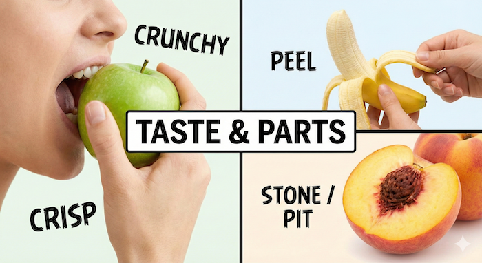 Educational infographic on fruit taste and parts / 果物の味と部位に関する教育的インフォグラフィック