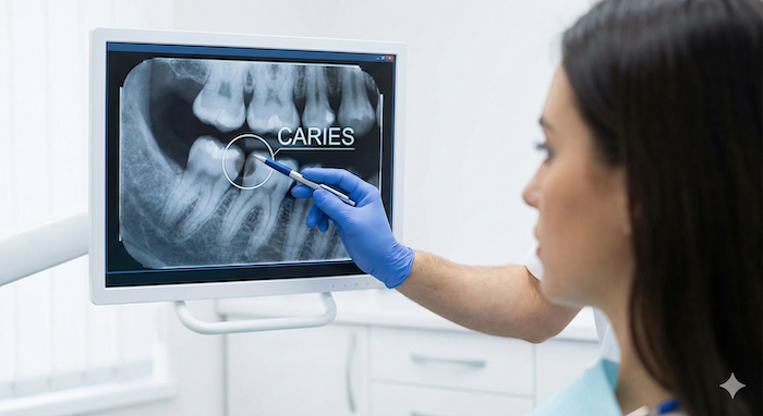 Dentist pointing at 'caries' on X-ray / レントゲンで「う蝕」を指す歯科医