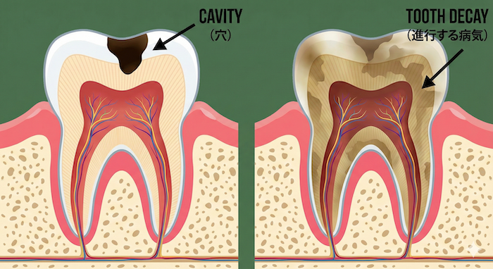 Diagram of cavity vs tooth decay / 虫歯（穴）と進行した虫歯の比較図