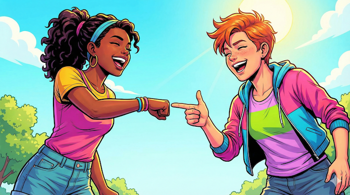 外で楽しそうにフィストバンプする友人。