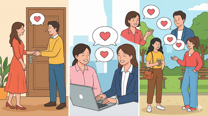 感謝を伝え合う3つのシーンのコラージュ。