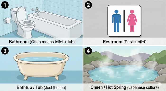 English bathroom vocabulary infographic. / 英語のお風呂関連用語の図解。