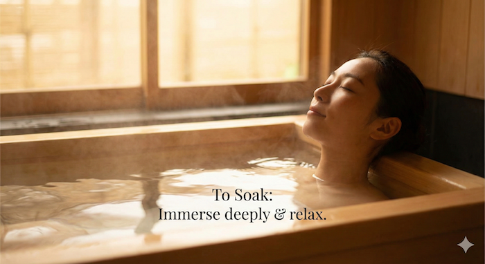 Person relaxing in a wooden tub. / 木製の浴槽でリラックスしている人。