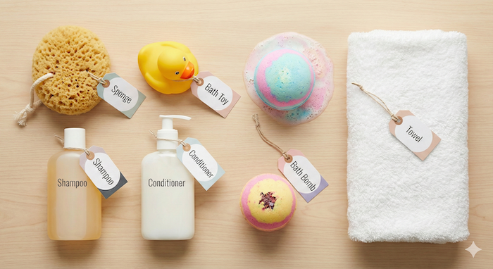 Flat lay of labeled bath items. / ラベル付きバス用品の平置き写真。
