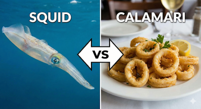 Live squid versus fried calamari. (生きているイカとカラマリフライ。)