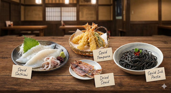 Japanese squid dishes with labels. (ラベル付きの日本のイカ料理。)