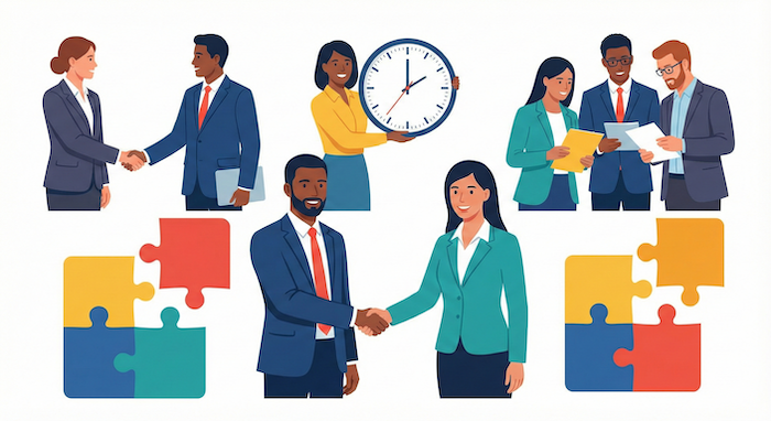 ビジネスの協力、チームワークを表すイラスト