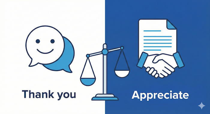 「Thank you」と「Appreciate」の比較、天秤のイラスト