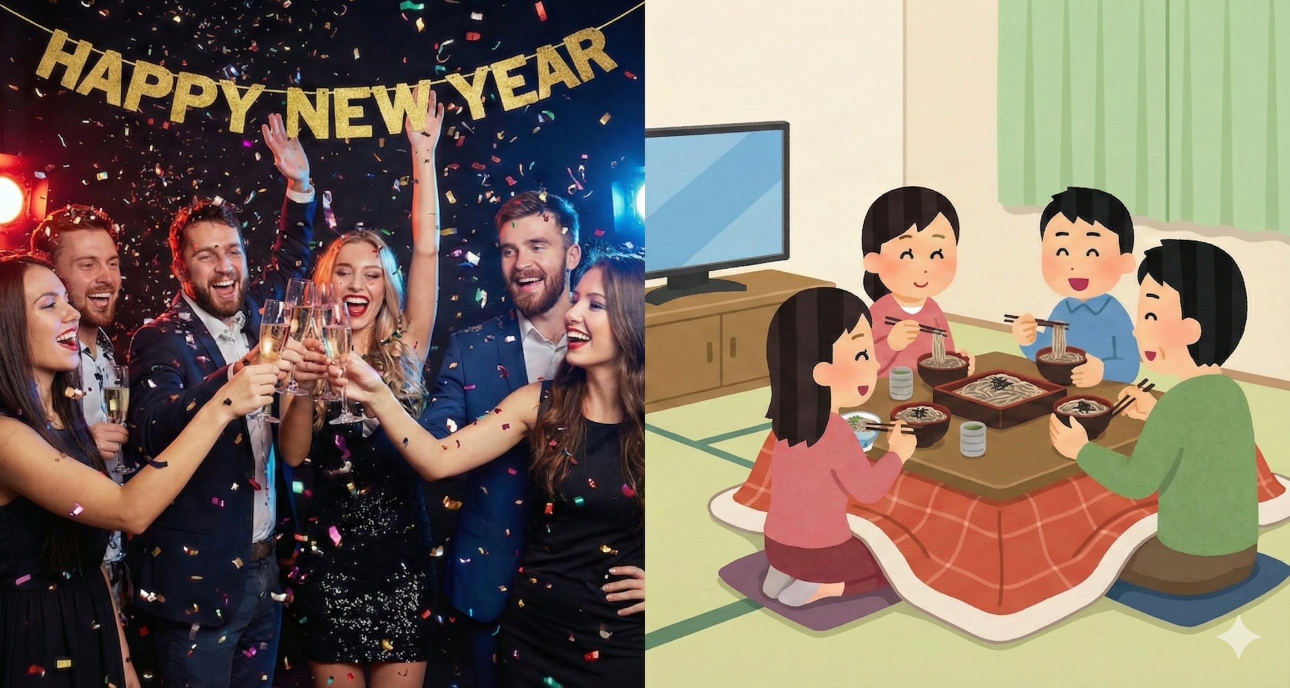 Western and Japanese New Year's Eve contrast / 西洋と日本の大晦日の対比