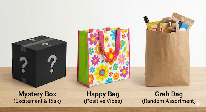 Comparison of Mystery, Happy, and Grab bags / ミステリー、ハッピー、グラブバッグの比較