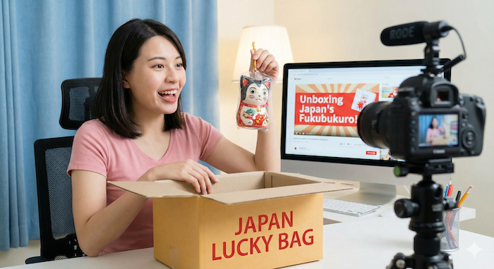 Influencer unboxing a Japanese lucky bag / インフルエンサーによる日本の福袋開封