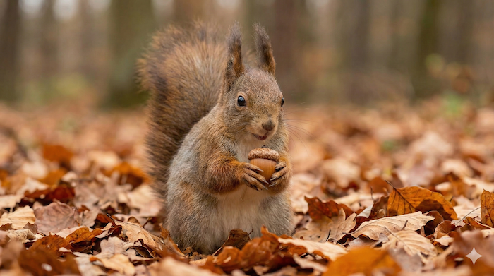 Squirrel holding an acorn in leaves / 落ち葉の中でドングリを持つリス