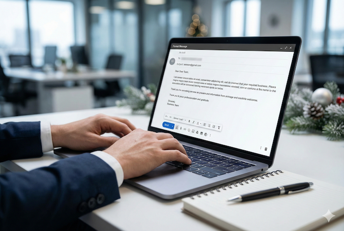 Typing a formal year-end email. 年末のビジネスメールを作成中。