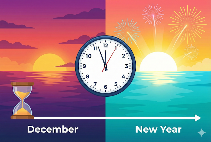 Timeline from December to New Year. 12月から新年へのタイムライン。