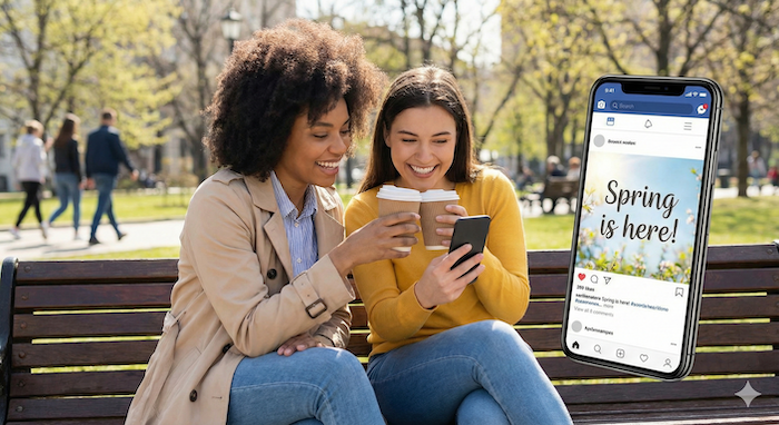 Friends toasting, looking at "Spring is here!" post / 「春が来た！」投稿を見る友人たち