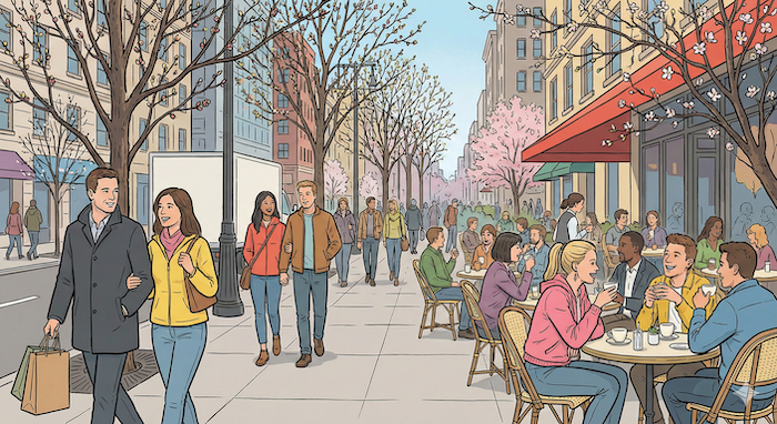 Bustling city street in spring / 春の賑やかな街並み