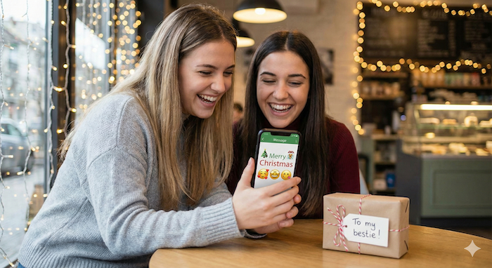 クリスマスメッセージを見て笑う二人