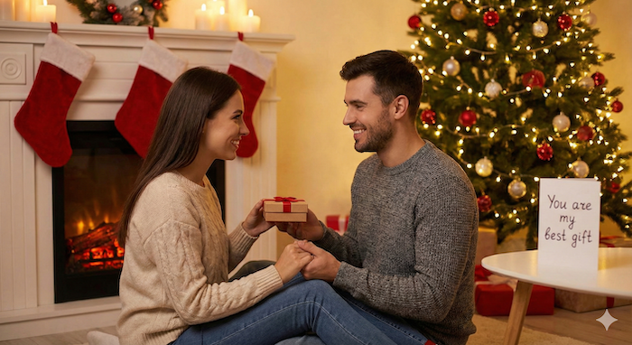 ツリーの前でプレゼント交換するカップル