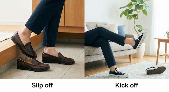 Two ways to take off shoes. (2通りの靴の脱ぎ方)