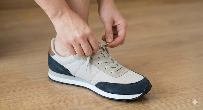 Hands taking off a sneaker. (スニーカーを脱ぐ手)