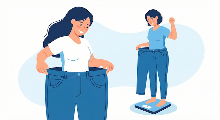 Woman showing weight loss success