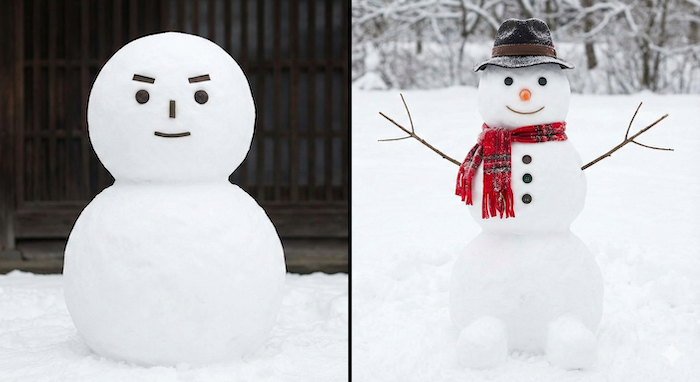 日本の2段雪だるまと西洋の3段雪だるまの比較写真。