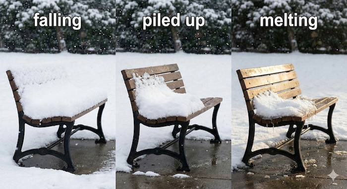 Snow falling, piling, melting (雪が降る、積もる、溶ける)