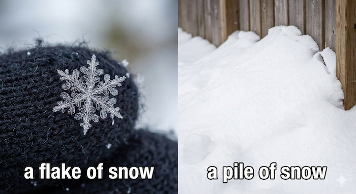 Single flake vs snow pile (雪片と雪山)