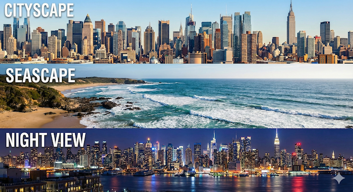 Cityscape, Seascape, and Night View collage (都市・海・夜景のコラージュ)