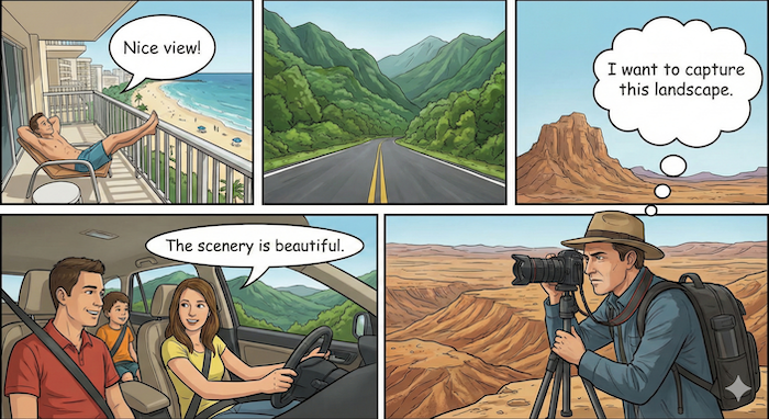 Comic strip demonstrating landscape phrases (風景の表現を示す漫画)