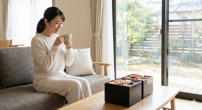 Relaxed woman with Osechi