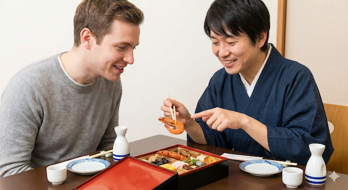 Explaining Osechi to a friend.