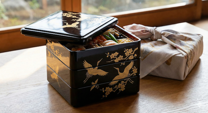 Traditional lacquered Osechi box.