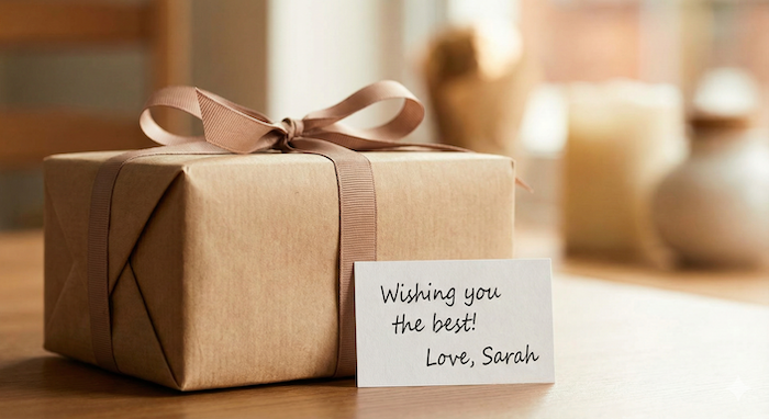 Gift with handwritten birthday message tag. / 手書きメッセージ付きの誕生日プレゼント。