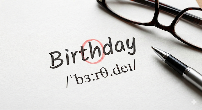 Handwritten note explaining birthday pronunciation. / 誕生日の発音記号のメモ。