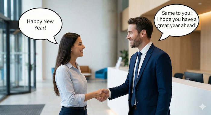 Colleagues exchanging New Year greetings. 同僚同士の新年の挨拶。