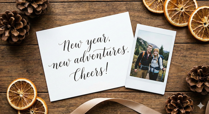 Handwritten New Year card flat lay. 手書きの年賀状フラットレイ。