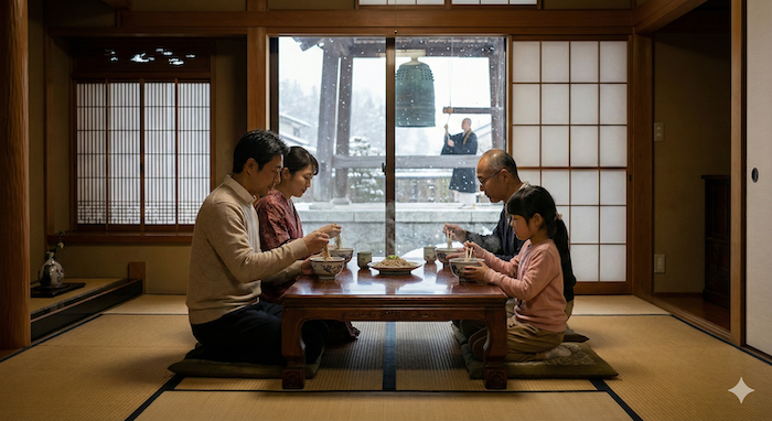 Japanese family eating Toshikoshi soba / 年越し蕎麦を食べる日本の家族