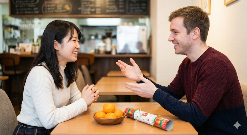 Friends discussing cultural New Year traditions / 文化的な新年の伝統について話す友人たち