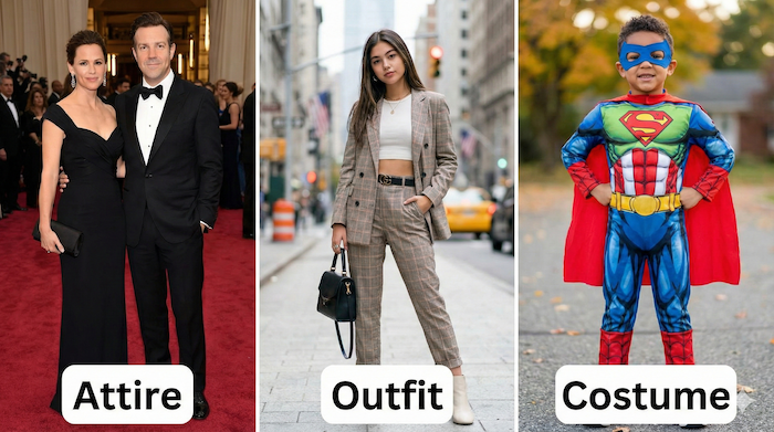 Attire, Outfit, Costume 違い