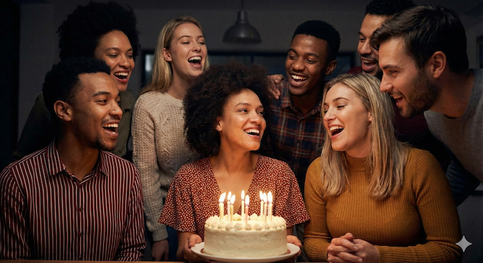 バースデーソングを歌う友人たち