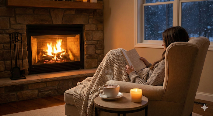 暖炉の前でくつろぐ様子