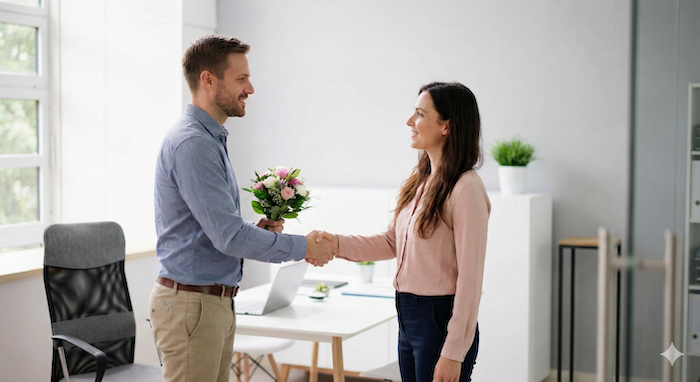 Colleagues shaking hands in office (オフィスで握手する同僚)