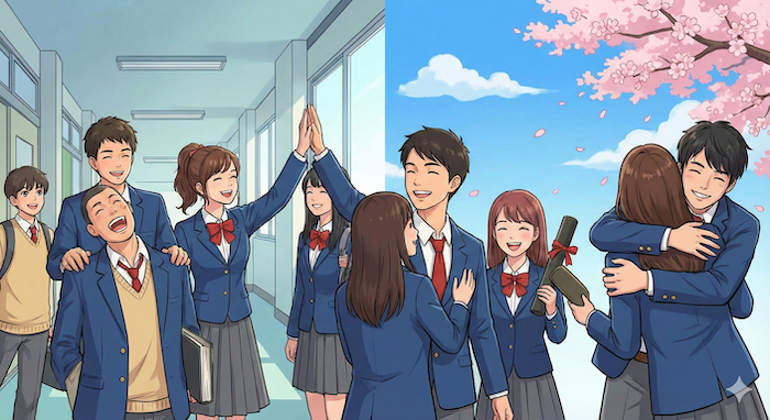Happy students celebrating graduation (卒業を祝う楽しそうな生徒たち)