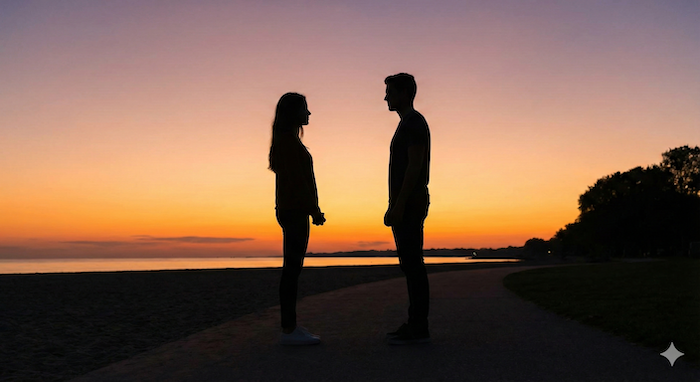 Couple silhouette at sunset beach (夕暮れのビーチに立つカップルのシルエット)