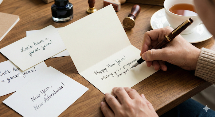 新年のメッセージを書く手元。