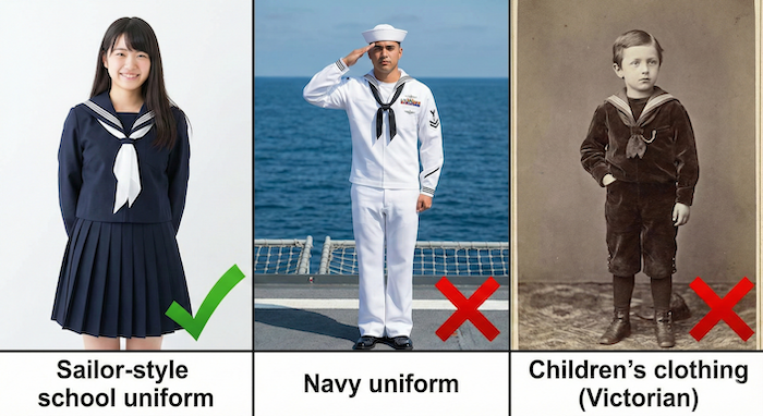 Comparison of different sailor-style outfits./異なるセーラースタイルの比較。