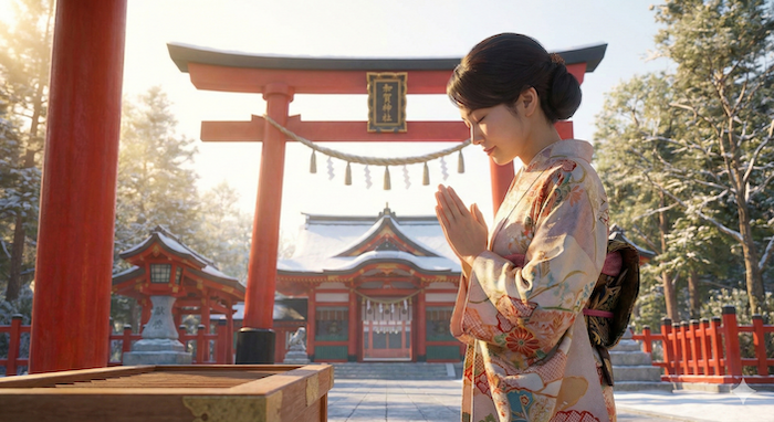 Woman in kimono praying at a shrine. (着物姿の女性が神社で祈っている。)