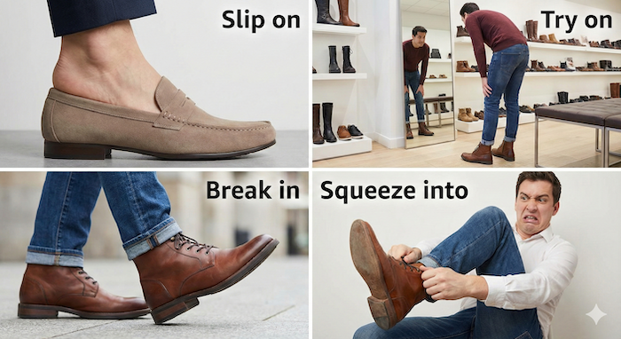 Four different ways to wear shoes. (4通りの靴の履き方)